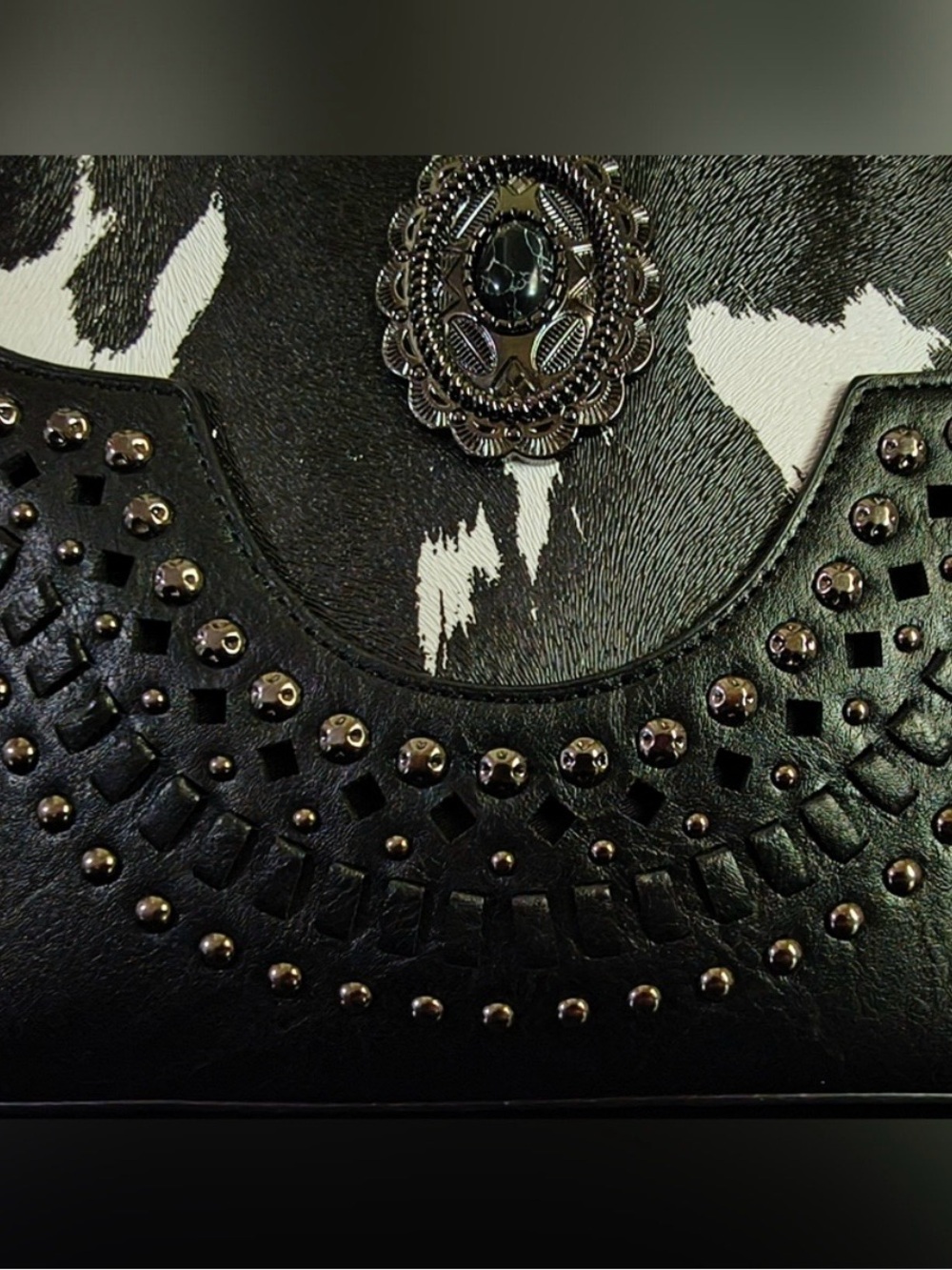 Black Studded Wristlet Clutch with Ornate Concho